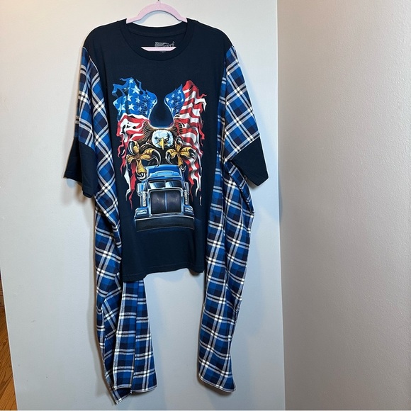 Poncho 18 wheeler eagle American flag black and blue flannel plaid - Picture 1 of 6